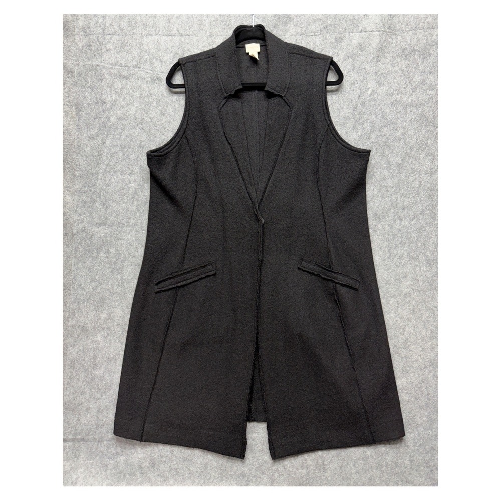 Chicos Boiled Wool Longline Sweater Vest Gray Sleeveless Cardigan Size 2 Boho